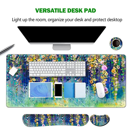 ARTSO Large Gaming Mouse Pad Set, Keyboard Wrist Rest Support + Mouse Wrist Cushion + Extended Mousepad + Coaster, 35x15.5in Multifunctional Desk Mat 4pcs, Oil Painting Flowers - color: Oil Painting Flowers