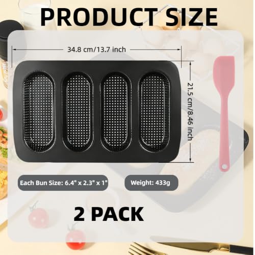 2 Pack Perforated Carbon Steel Hot Dog Bun Pan Nonstick Mini Baguette Baking Tray Black