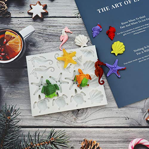 Sakolla Marine Theme Fondant Silicone Molds, Seashell, Conch, Seahorse, Starfish, Tortoise Silicone Mold for Cake Decoration, Chocolate Candy Sugar Craft - color: Marine Theme 15 Cavity/Grey