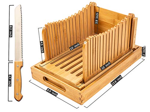 Bamboo Bread Slicer with Crumb Tray Bamboo Bread Cutter for Homemade Bread, Loaf Cakes, Bagels Slicer, 3 Slice Sizes, Adjustable, Compact, Foldable