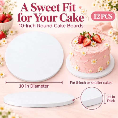 10 Inch Cakeboard 12 Pack, 1/2 Inch Thick Round Cake Boards, Bend Resistant & Sturdy White Cake Cardboard for Presenting Heavy/Tall Tiered Cakes, Base Para Pastel - size: 10 inch