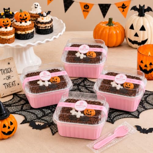 NPLUX 50 Pack 5oz Halloween Mini Cake Pans with Lids for Parties, Pink Foil - color: Pink, size: 5 OZ