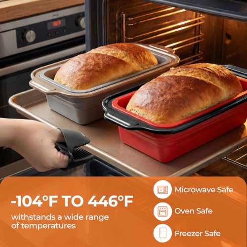 2-Pack Collapsible Silicone Bread Pans with Reinforced Rim & Oven Mitts - Space Saving Loaf Pans for Baking - Easy Release Nonstick Foldable Mold for Meatloaf, BPA Free