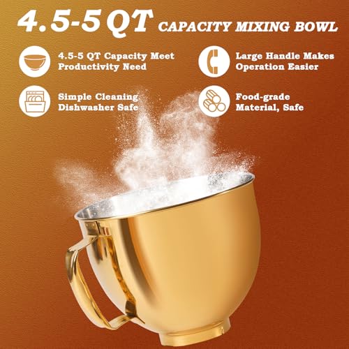 5 Quart Mixing Bowl for KitchenAid Stand Mixers, Food-Grade Stainless Steel Bowl with Handle & Clasp, Compatible with Tilt-Head 4.5–5 Qt Models – Fits K45, K45SS, KSM75, KSM150, KSM95 - color: Golden, size: 5QT