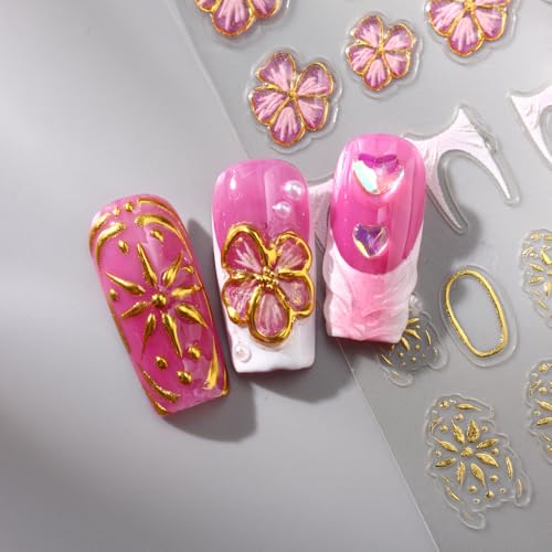 Stickers para Uñas Nail Stickers Self-Adhesive Sticker Gold Pink 3D Flower Embossed Calcomanías para Uñas Colorful Floral Art Design Accessories Hight Quality 3 Sheets - color: 3d Flower Style10