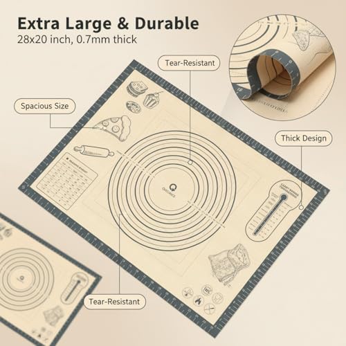 Silicone Baking Pastry Dough Mat - 28x20Inch Extra Large Cookie Bread Rolling Mats Sheet, Nonstick Kitchen Counter Kneading Board Thick Reusable Pie Cookies Pizza Fondant Making Matt Baking Supplies - size: 20"W x 28"L
