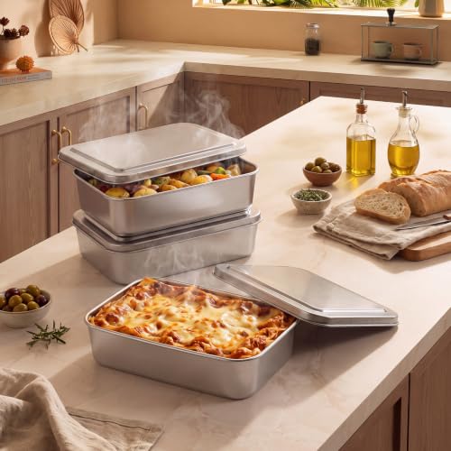 Tioncy 3 Sets Baking Stainless Steel Pan with Lid, 6 x 9 Inch - size: 9 x 6 Inch
