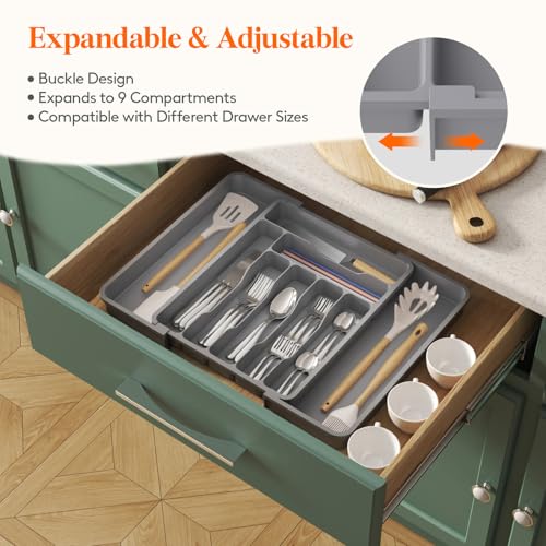 Lifewit Expandable Silverware Drawer Organizer, Kitchen Utensil Tray - color: Gray, size: Large Deep（11.8-19.6'W x 15''D）