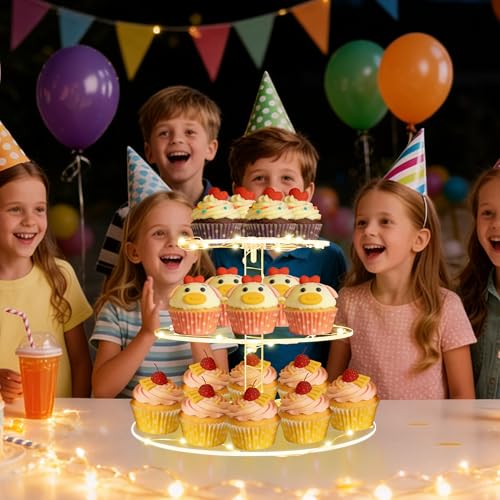 Round Cupcake Stand with Yellow Lights, 3 Tier Cupcake Tower for Party - color: Yellow Light, size: 3 Tier Round