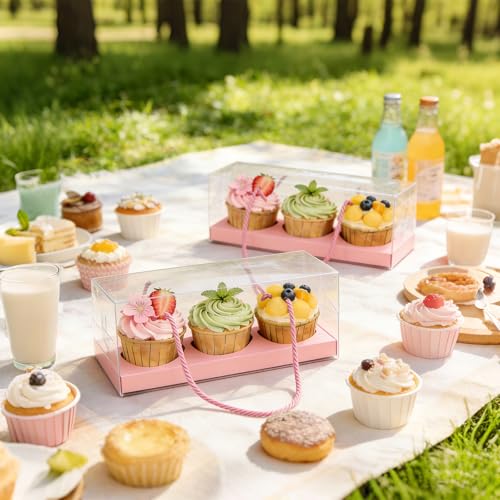20Pcs Clear Cupcake Boxes with Handle, Cupcake Carrier for Party - color: Pink