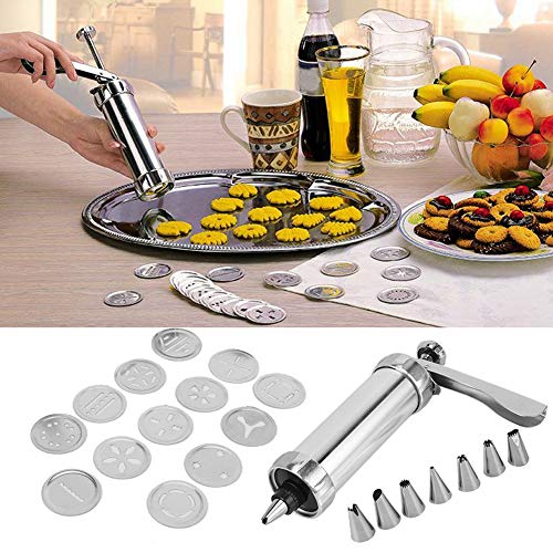 Fdit Cookie Press Kit, Manual Adjustable Biscuit Maker and Pastry Decorating Tool for Home Baking Aluminum Alloy 15 x 25 cm 21 Piece Set with 13 Cookie Discs and 7 Nozzles