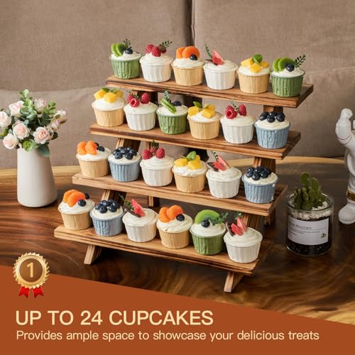 DAOYOUSKY Wood Rustic Cupcake Stand for 24 Cupcakes, Stepped Wooden Display Stand for Weddings, Tiered Party Table Display Riser for Food , Dessert, Cookie, Decor, Craft Show, Burnt - color: Burnt - 1Pcs