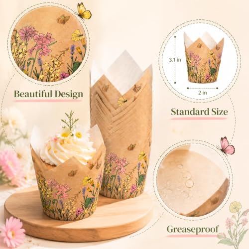 Whaline 100Pcs Wildflower Tulip Cupcake Liner, Colorful Floral Muffin Liner