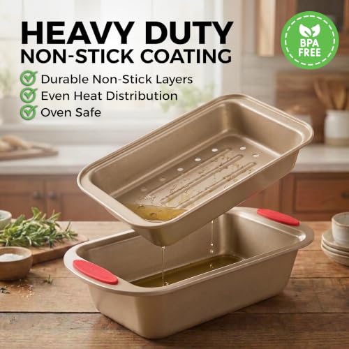 PERLLI Nonstick Meatloaf Pan with Drain Tray, Elevated Inner Pan for Fat and Grease Removal, Easy Grip Silicone Handles, Dishwasher Safe with Heavy-Duty Carbon Steel Bakeware for Even Heating (Brown) - color: Brown