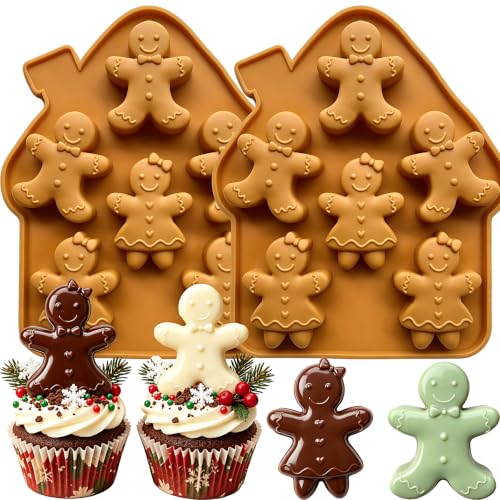 2‑Pack Christmas Silicone Molds for Baking Large Gingerbread Man Silicone Chocolate Molds Holiday Soap Candle Molds for Ice Cube Jelly Mini Cake Resin DIY Crafts - color: Brown-Gingerbread man