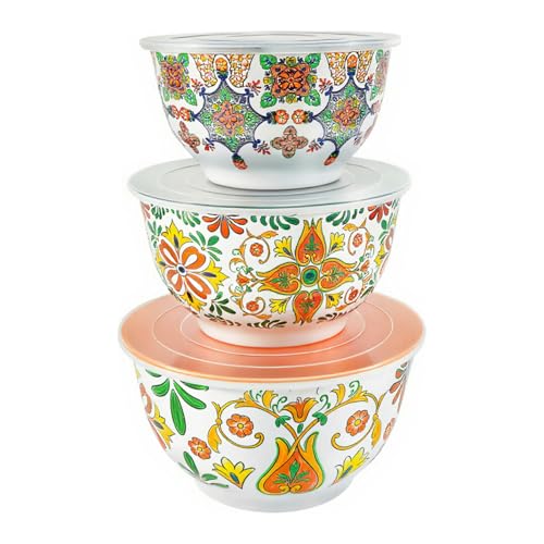 TP Melamine Mixing Bowl Set with Lids, Salad Bowl Set of 3, Aztec Bloom - color: Aztec Bloom, size: Large