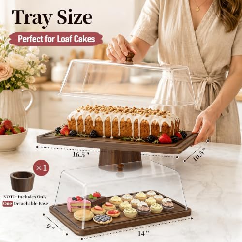 2 Pack Acacia Wood Cake Stand with Square Lid, 2-in-1 Dessert Table Display Set & Charcuterie Board, Shatterproof Acrylic Cover Serving Tray, Cupcake Stand for Parties - size: 2-Pack 14"&16" Cake Stand
