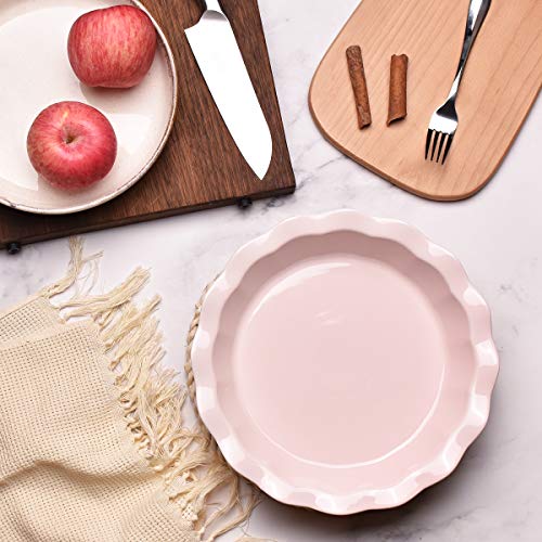 Bosmarlin Ceramic Pie Pan, 9 Inches Pie Dish, 50 oz, Pie Plate for Baking, Microwave, Oven Safe and Dishwasher safe (Pink, 9 inches)