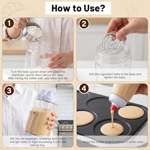 2PCS Pancake Batter Dispenser Bottles with Stainless Steel wire whisk Ball, 1000ml BPA-Free Pancake Squeeze Bottle Ideal for Pancakes Crepes Muffins Waffle Cupcakes