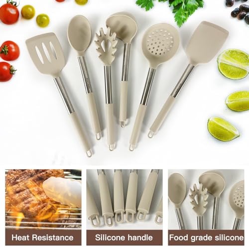 Kitchen Utensils Set-Silicone Cooking Utensils-33pcs Non-Stick Silicone Cooking Kitchen Utensils Spatula Set with Holder-Best Kitchen Cookware with Stainless Steel Handle (Khaki) - color: Khaki
