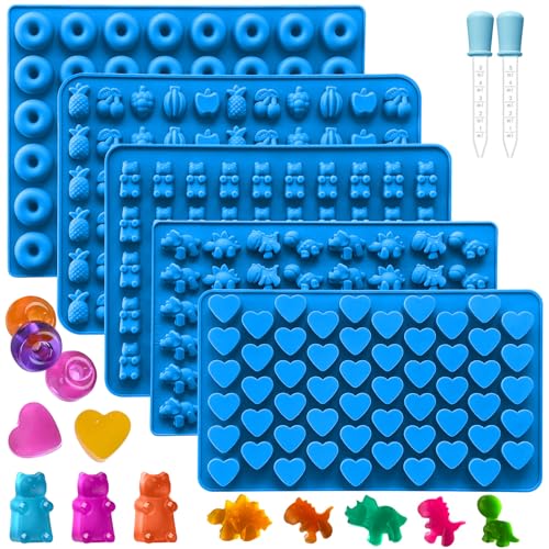 Sidosir 7Pcs Gummy Candy Molds, Gummy Bear/Dinosaur/Fruit/Donut/Hearts Molds, Non-stick Silicone Candy Chocolate Mold (5Shape+2Droppers) - color: 5Shape+2Droppers