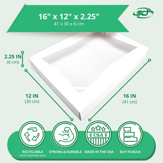 SCT White Window Bakery Box (12 Pack) 16x12x2.5, Auto Pop-Up Containers for Cake, 16 inch Bakery Pack, Cookie Box with Window, Disposable Donut Box, 24543-12