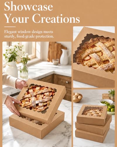 Bakepacker Auto-pop Up Pie Boxes With Window 12x12x3'', 20pcs Brown - color: Brown, size: 12x12x3, 20Pcs