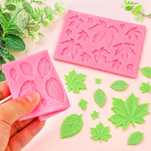 2 Pcs Small Silicone Leaf Mold Set, 3D Pink Leaf & Maple Leaf Molds