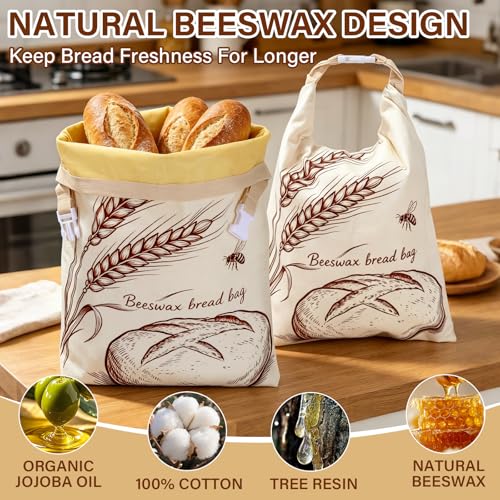 Beeswax Bread Bag 2 Pack, Reusable Sourdough Bread Bags for Homemade Bread - color: Fold Buckle-Farmhouse