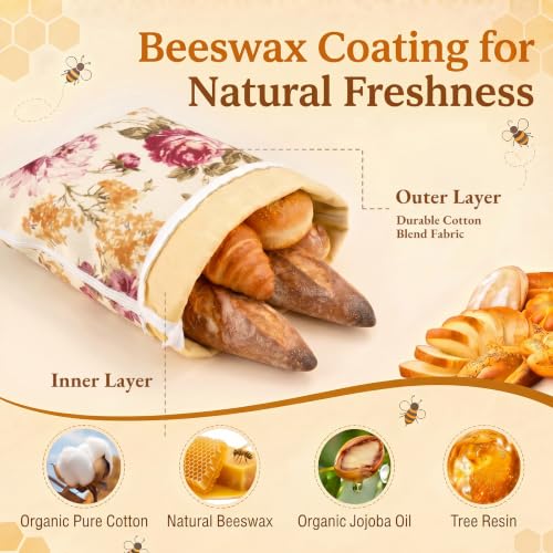 4-Pcs XL Beeswax Bread Bag Set: 2 Bags, Bowl Cover & Cleaning Sponge - color: Flower