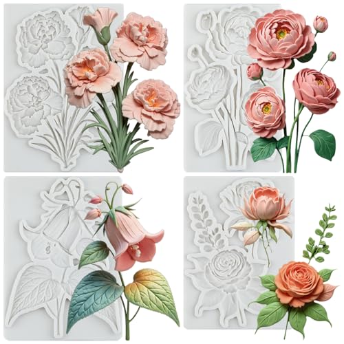 Flower Silicone Mold Peony Rose Carnation Fondant Molds Set of 4 - color: Style Q