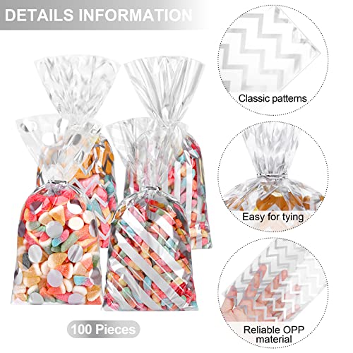 Aodaer 100 Pieces 10.6 x 5.1 In Silver Cellophane Bags Plastic Candy Gift Bags Cellophane Treat Bag with Twist Ties Stripes Polka Dot Printed Pattern Goodie Bag for Birthday Weddings Party Favors - color: Silver