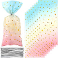 Pajean 100 Pcs Pastel Cellophane Bags Rainbow Party Favors Bag Star Dot Treat Goodie Candy Plastic Gift Pink Blue Tie Dye Wrapping Clear Cello for Baby Shower Birthday Decoration Supplies