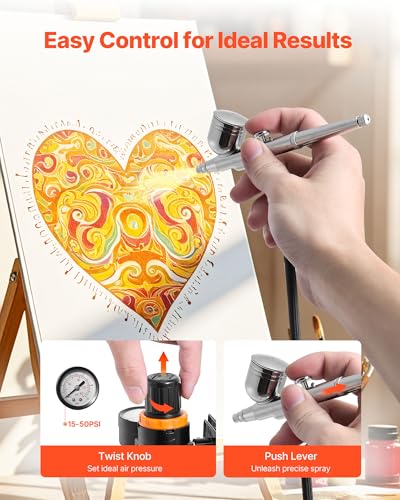 VEVOR Airbrush Kit, 1/6 HP, Air Brush Kit with Air Compressor, 3 Dual-Action Professional Airbrushes with 3 Tips, Hose, Acrylic Paint, 2 Fans, Low Noise, for Cake Decorating, Model Painting, Nail Art - color: 6 Colors Set