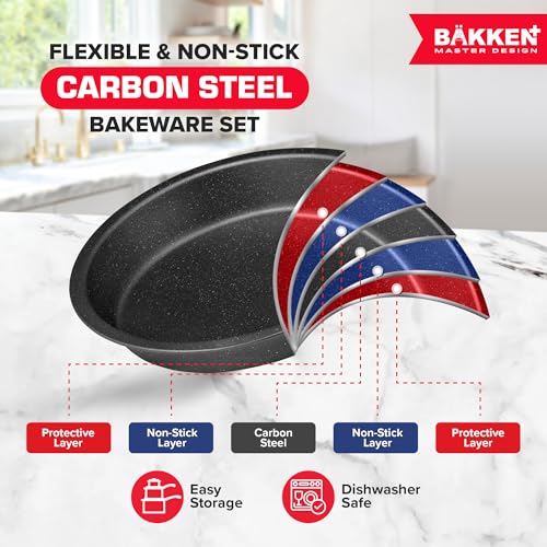BAKKEN 10-Piece Kitchen Baking Pan Set - Commercial Grade Carbon Steel Bakeware, With Nonstick Coating, Stackable and Space-saving Design, PFOA, PFOS, PTFE Free, Oven Safe (Up To 450°F), Gray Marble - color: Gray Marble, size: 10 Piece Set