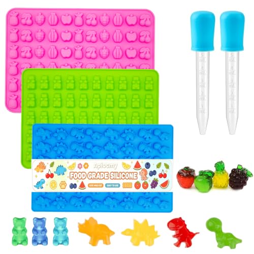 3Pcs Gummy Candy Molds - Silicone Mini Gummy Bear/Dinosaur/Fruit Snack Molds with 2Pcs Dropper,Non-stick and Bpa Free for Candy Chocolate Gummies Baking - color: 3pcs Candy Molds