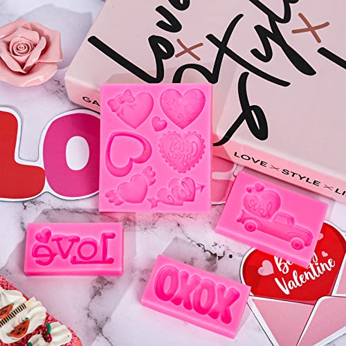 Whaline 4Pcs Valentine's Day Fondant Molds Heart Rose Truck Pattern 3D Silicone Mould Love XOXO Resin Mold Cupcake Cookie Baking Decorating Mould for Wedding Anniversary Mother's Day DIY Candy - style: Valentine's Day