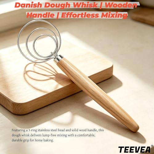 TEEVEA Danish Dough Whisk Wooden Handle Stainless Steel for Sourdough Bread - color: Rubber Wood 3-Circle