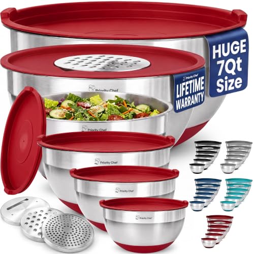 6pc Stainless Steel Mixing Bowls with Lids Set, 7 Qt, Red - color: Red