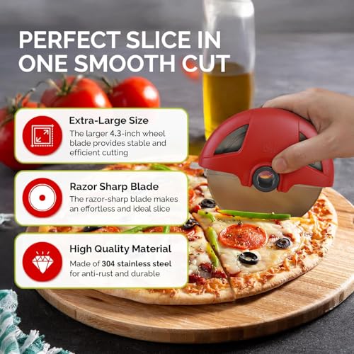 UHIYEE 4.3" Palm-Grip Pizza Cutter with Blade Cover for Thick Crusts, Red - color: Red