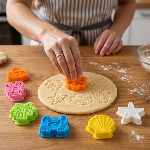 6Pcs Summer Ocean Animal Cookie Cutters Stamp 3D Crab Octopus Seashell Starfish Palm Tree Crawfish Cookie Cutter Shapes Plastic Cookies Molds for Baking Cute Fondant Cutters Beach Cookies Mold