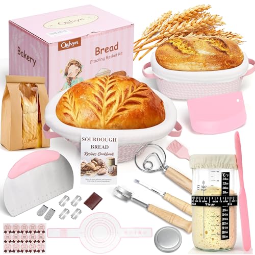 Beginner Sourdough Starter Kit with Proofing Baskets & Jar, Baking Supplies - color: Pink