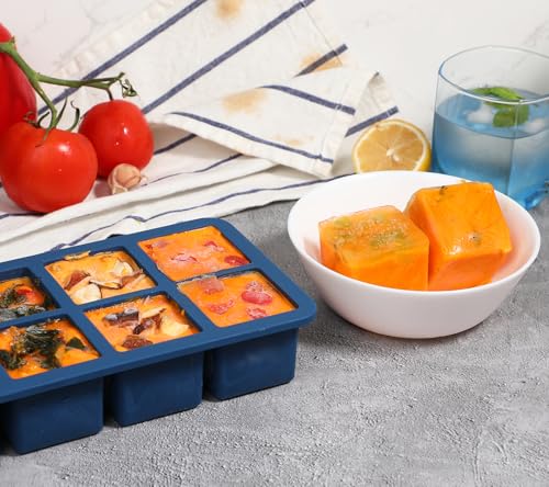 Webake 1/2 Cup Silicone Freezer Tray with Lids, 8-Grid Square Ice Cube Mold, Ideal for Prep & Portion, Large Ice Cube, Storage Soup, Snack, Broth, Leftovers, Pack of 2 - color: Dark Blue
