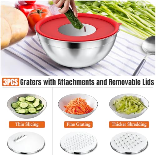 Stainless Steel Mixing Bowls Set with Lids & 3 Grater Attachments, Colorful - color: Multicolor
