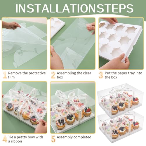 5 Pcs clear cupcake boxes with gift ribbon, 12 count cupcake container, plastic cupcake tray, suitable for desserts, cookies, muffins for Easter and Mother's Day.(White, 12 Counts/5 pcs) - size: 12 Counts/5 pcs