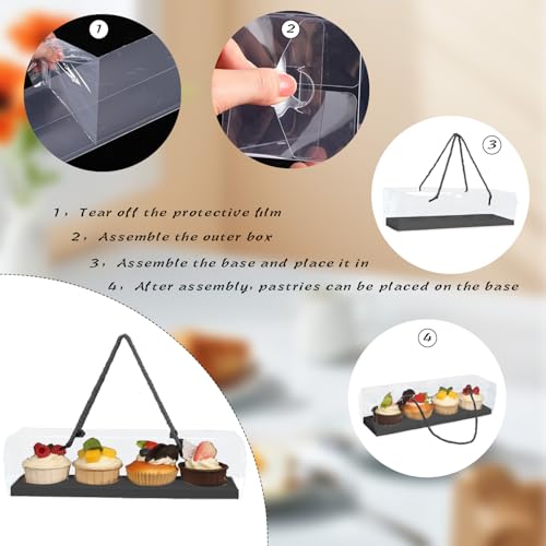 Clear Cupcake Boxes with Handle, 24 Pcs 4 Bakery Cake Boxes, Rectangular Cupcake Containers, Transparent Treat Boxes, Gift Boxes for Wedding Party, Dessert Packaging,12 x 3 x 3 Inch (Black) - color: Black