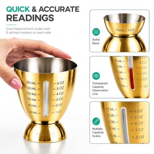 Homestia Cocktail Measuring Jigger with Pour Spout, Measuring Cup, Set of 2 - color: 6oz & 1oz Gold