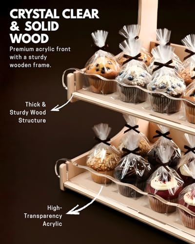 HOTCAN Cookie Display Stand for Bakers & Vendors with Acrylic Front | Wooden Dessert Stand with Chalkboard Sign for Market Booths, Craft Fairs & Events | 4 Tiered Cookie Display for Cupcakes, Muffins & Pastries (Natural) - color: Natural, size: 4 Tier