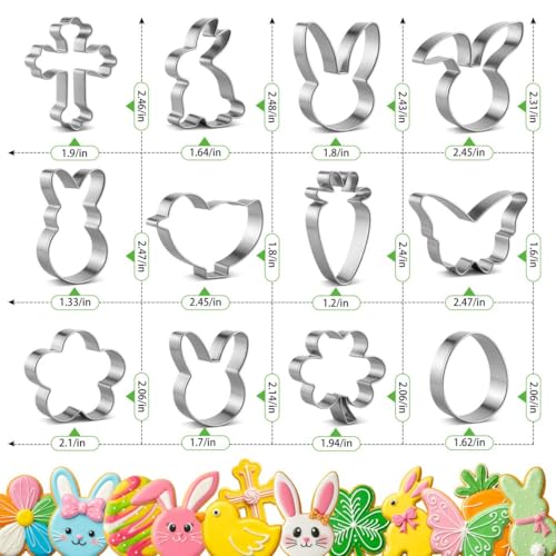 Easter Cookie Cutter Set, 12 Pieces Easter Bunny Cookie Cutter Set for Baking - Carrot, Bunny Face, Leaf, Egg, Flower, Butterfly Shapes Holiday Themed Party Supplies