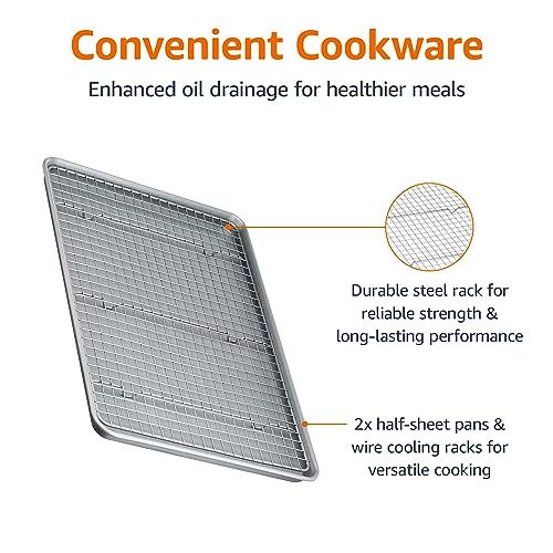 Amazon Basics Ceramic Nonstick Baking Sheets & Cooling Rack Set, Dishwasher Safe, Oven Safe, Half Sheet Size, Gray, 2-Pack - size: Half Sheet - 2 Pack